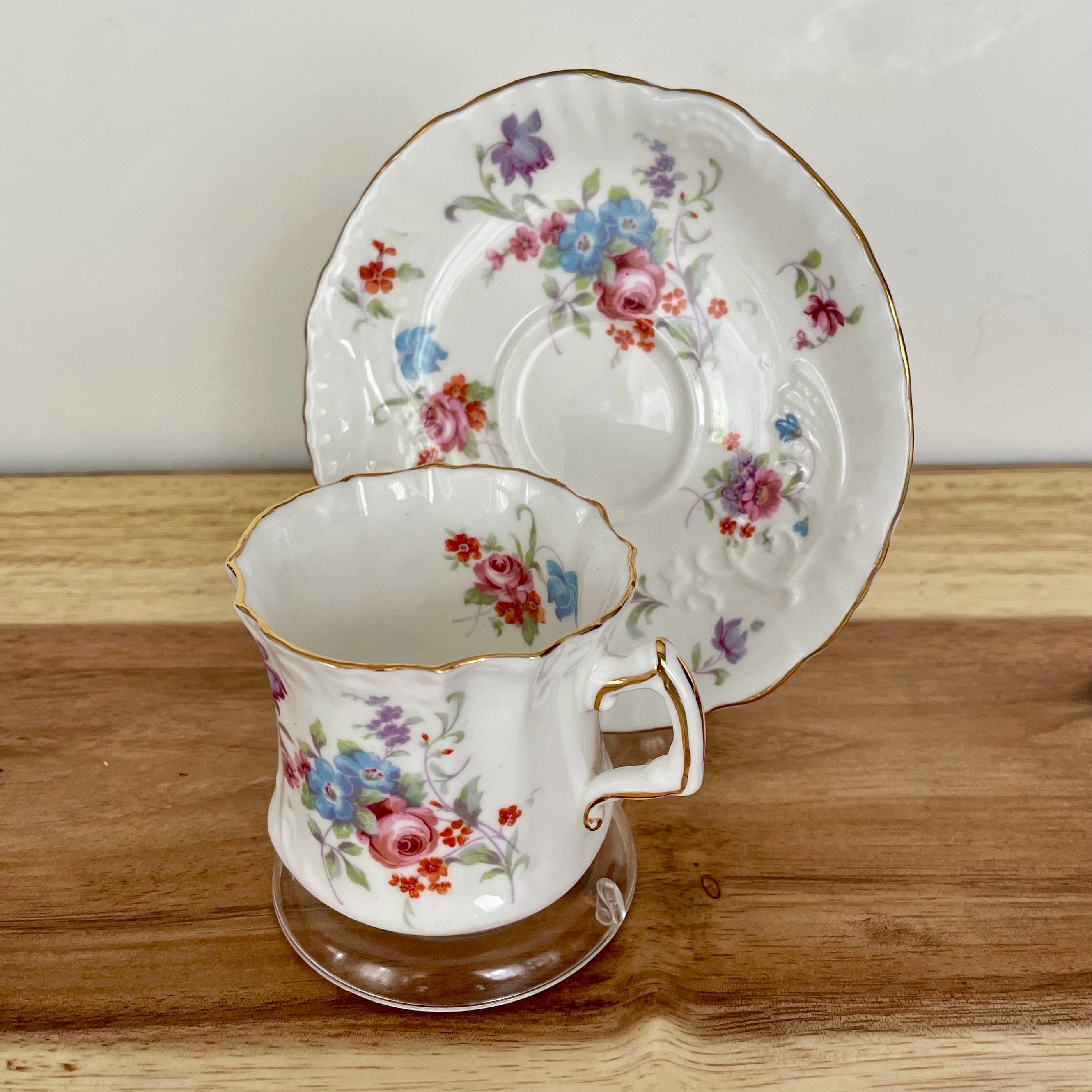 Vintage Hammersley Bone China Teacup & Saucer – 6072 – Pink, Blue, Purple Floral – England
