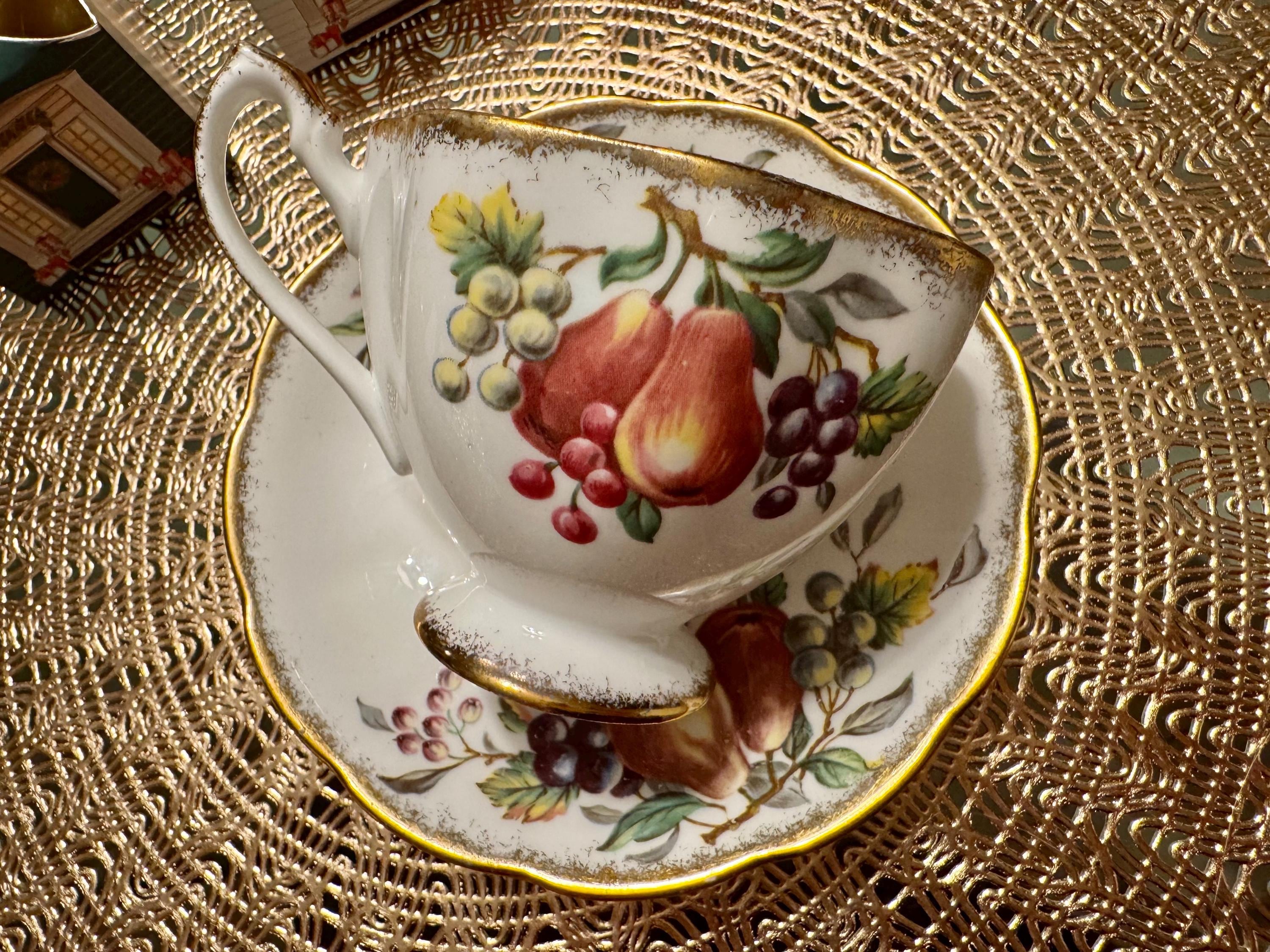 Vintage Queen Anne “Harvest Fruits” Teacup and Saucer Set - Elegant Fruit Design