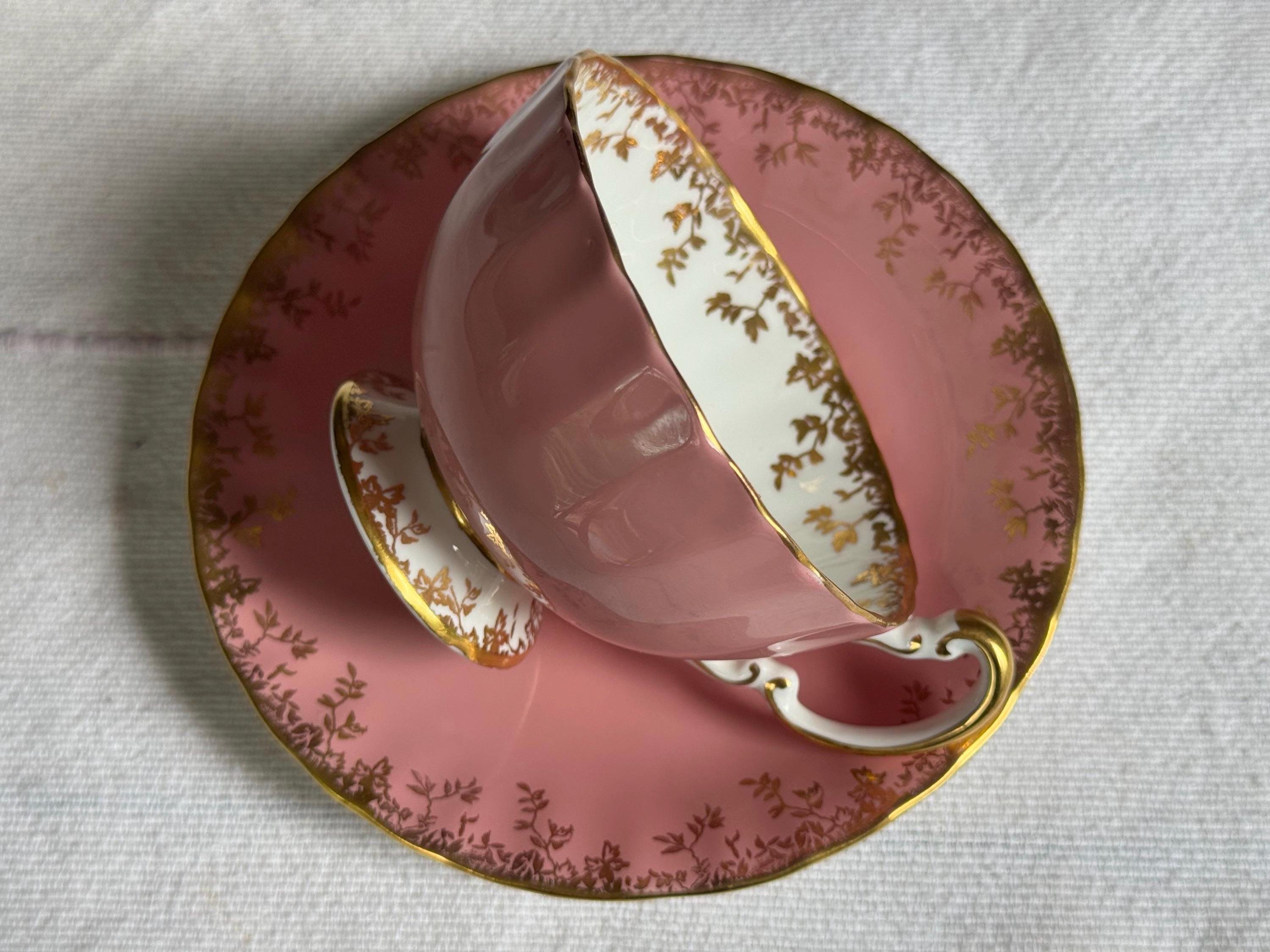 Aynsley Bone China Teacup & Saucer – (2273 Pink with Gold Vine Garland) – Made in England