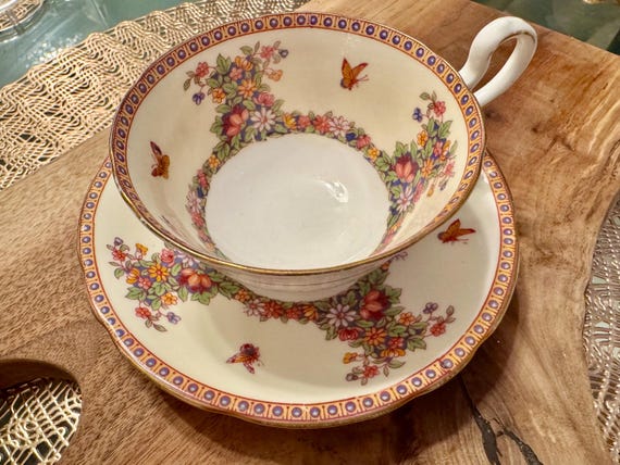 Vintage Aynsley Fine Bone China Tea Cup and Saucer: Floral Butterfly Design