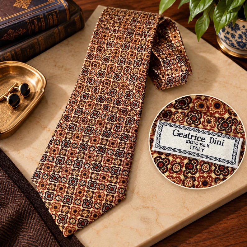May include: A brown silk necktie featuring a repeating geometric floral pattern in shades of tan, black, and orange. A white fabric label is stitched to the back, reading Geatrice Dini, 100% Silk, Italy, in black text.