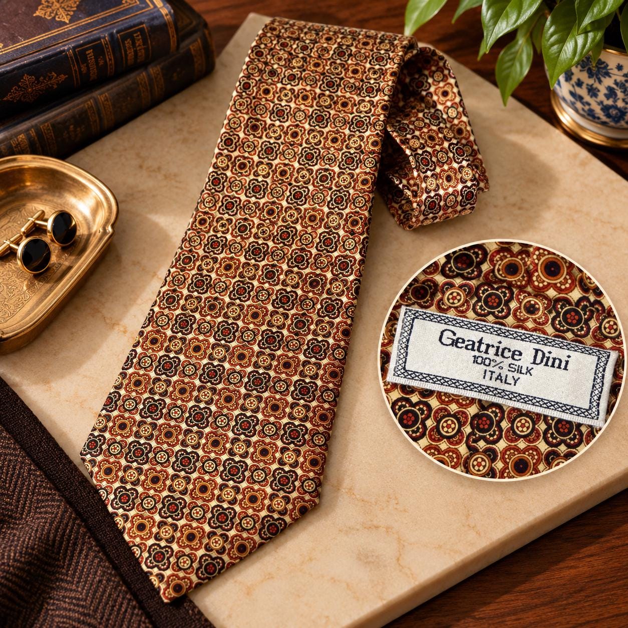 Vintage Geatrice Dini 100% Silk Tie — Made in Italy — Floral Medallion Pattern