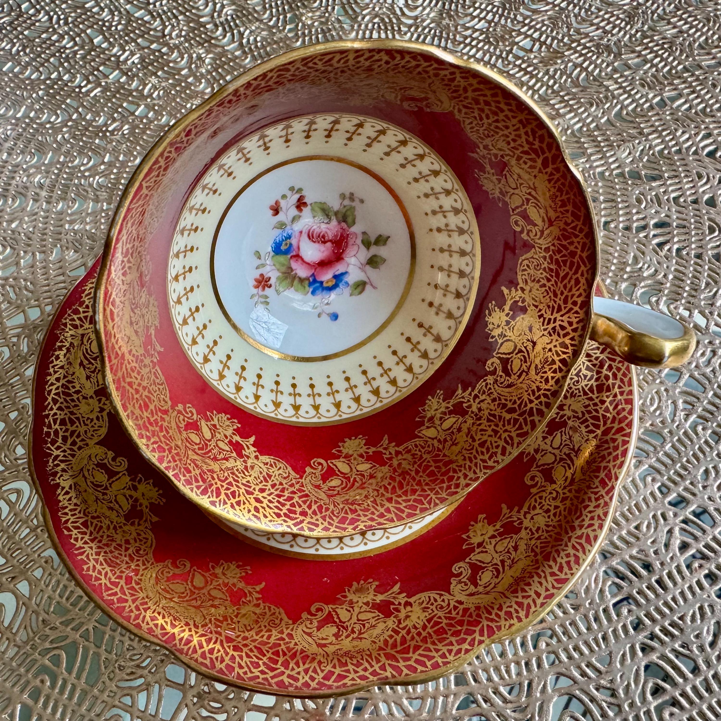 Vintage Aynsley England – Red Gold Filigree Floral Teacup & Saucer