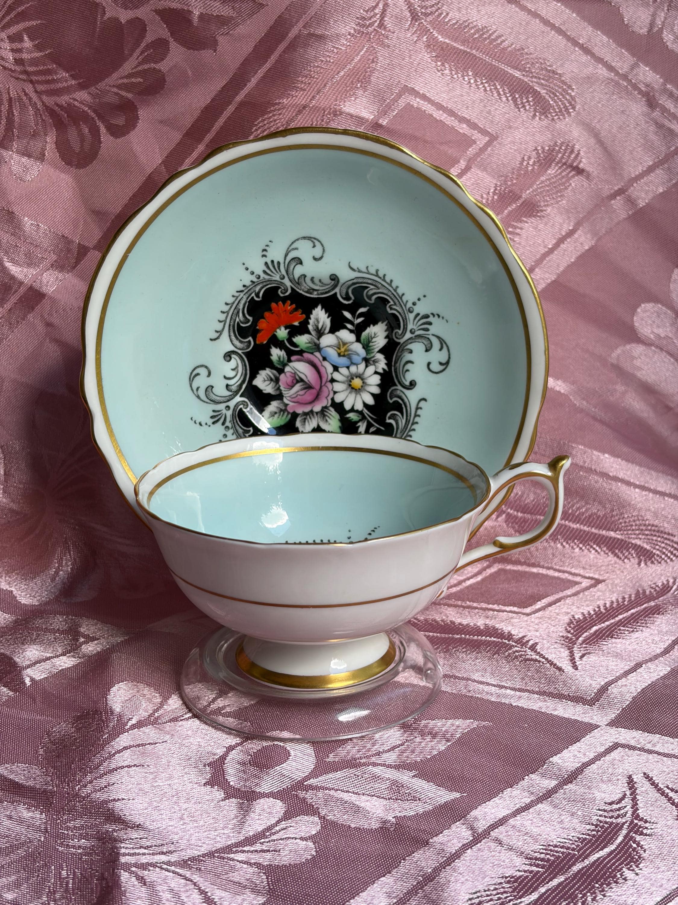 Vintage Paragon Teacup Saucer – Pale Aqua Floral Medallion Gold Trim Bone China