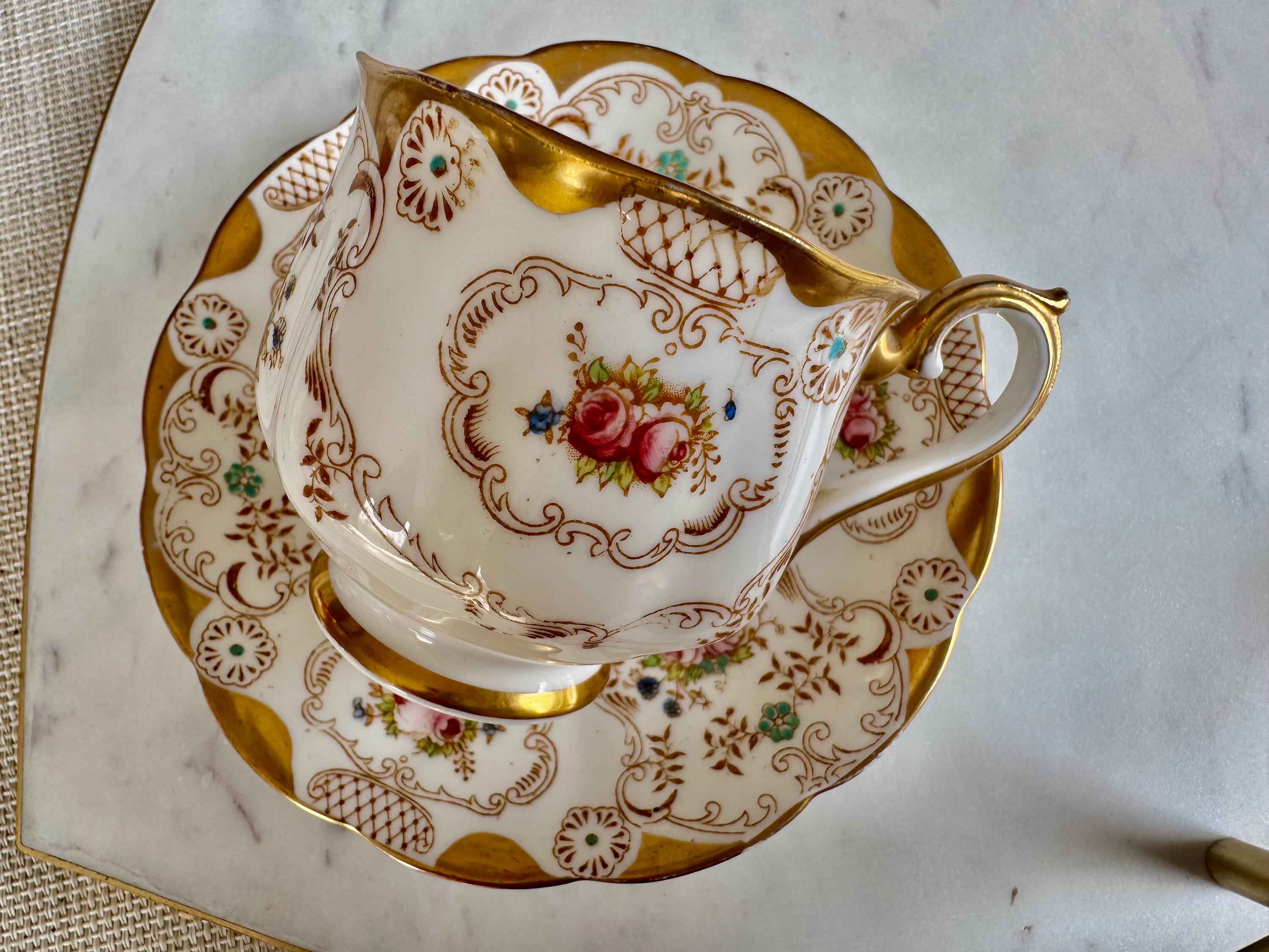 Antique Royal Albert Teacup & Saucer: Hand-Painted Roses, Gold Encrusted, c. 1925