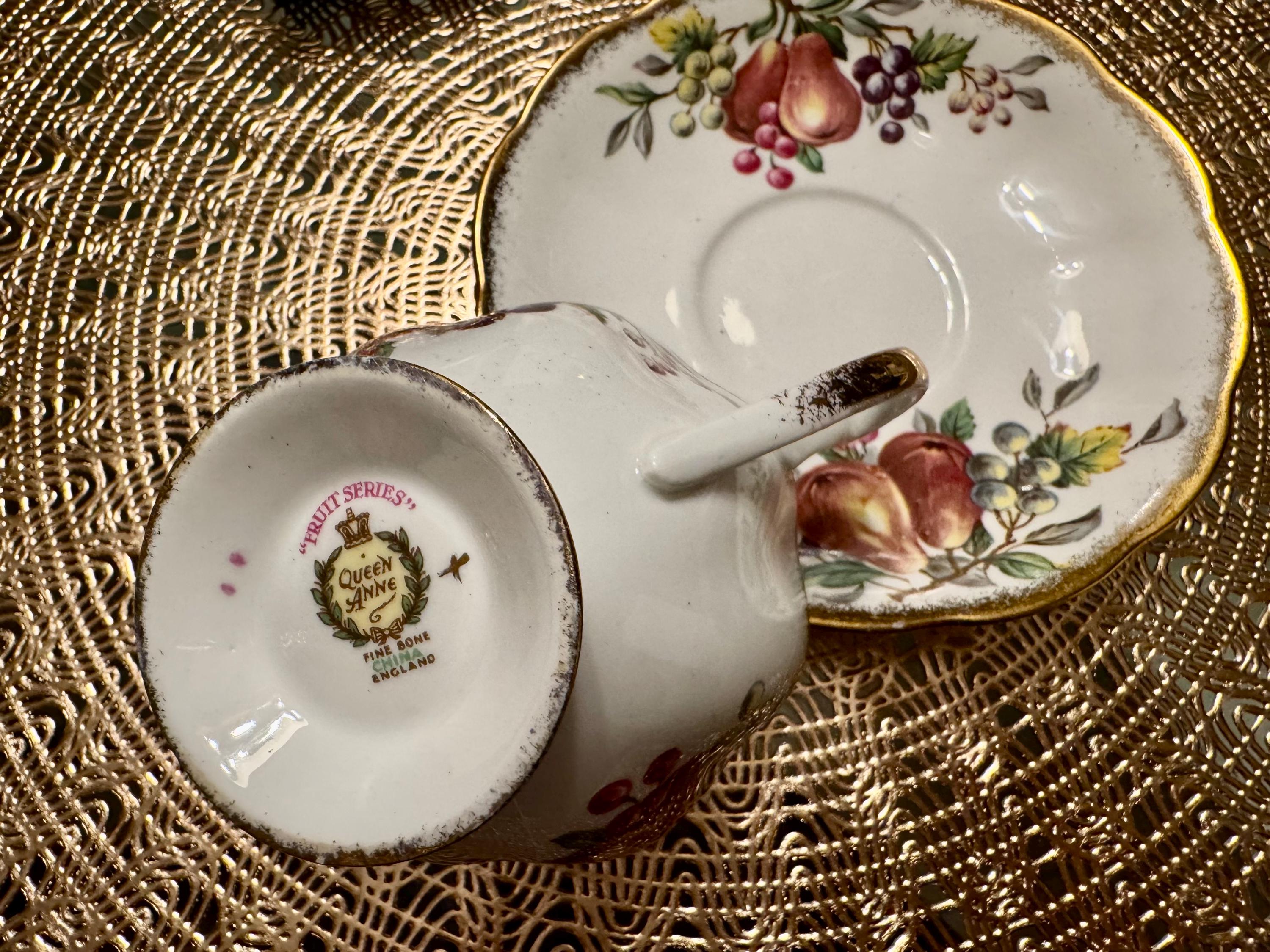 Vintage Queen Anne “Harvest Fruits” Teacup and Saucer Set - Elegant Fruit Design