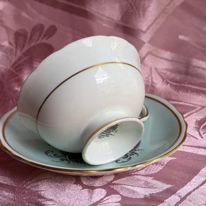 Vintage Paragon Teacup Saucer – Pale Aqua Floral Medallion Gold Trim Bone China image 3