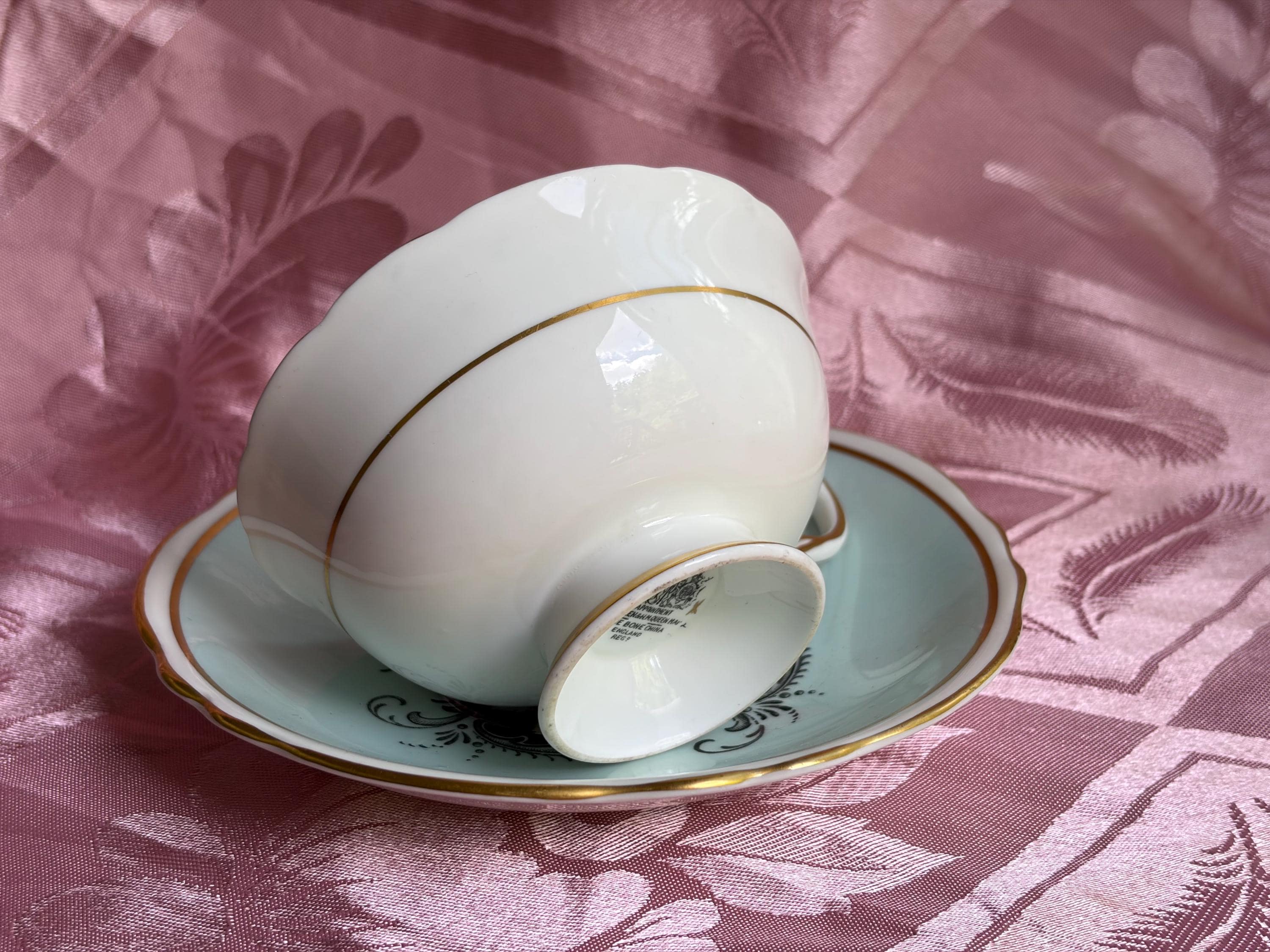 Vintage Paragon Teacup Saucer – Pale Aqua Floral Medallion Gold Trim Bone China