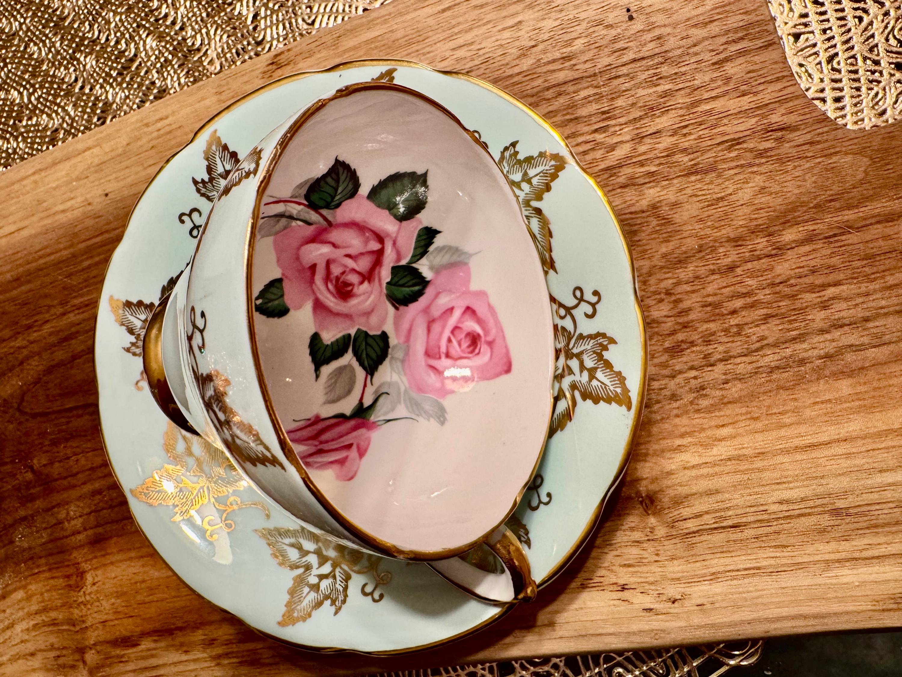 Vintage Sutherland Bone China Cup and Saucer: Pale Blue, Gold Leaves, Pink Roses