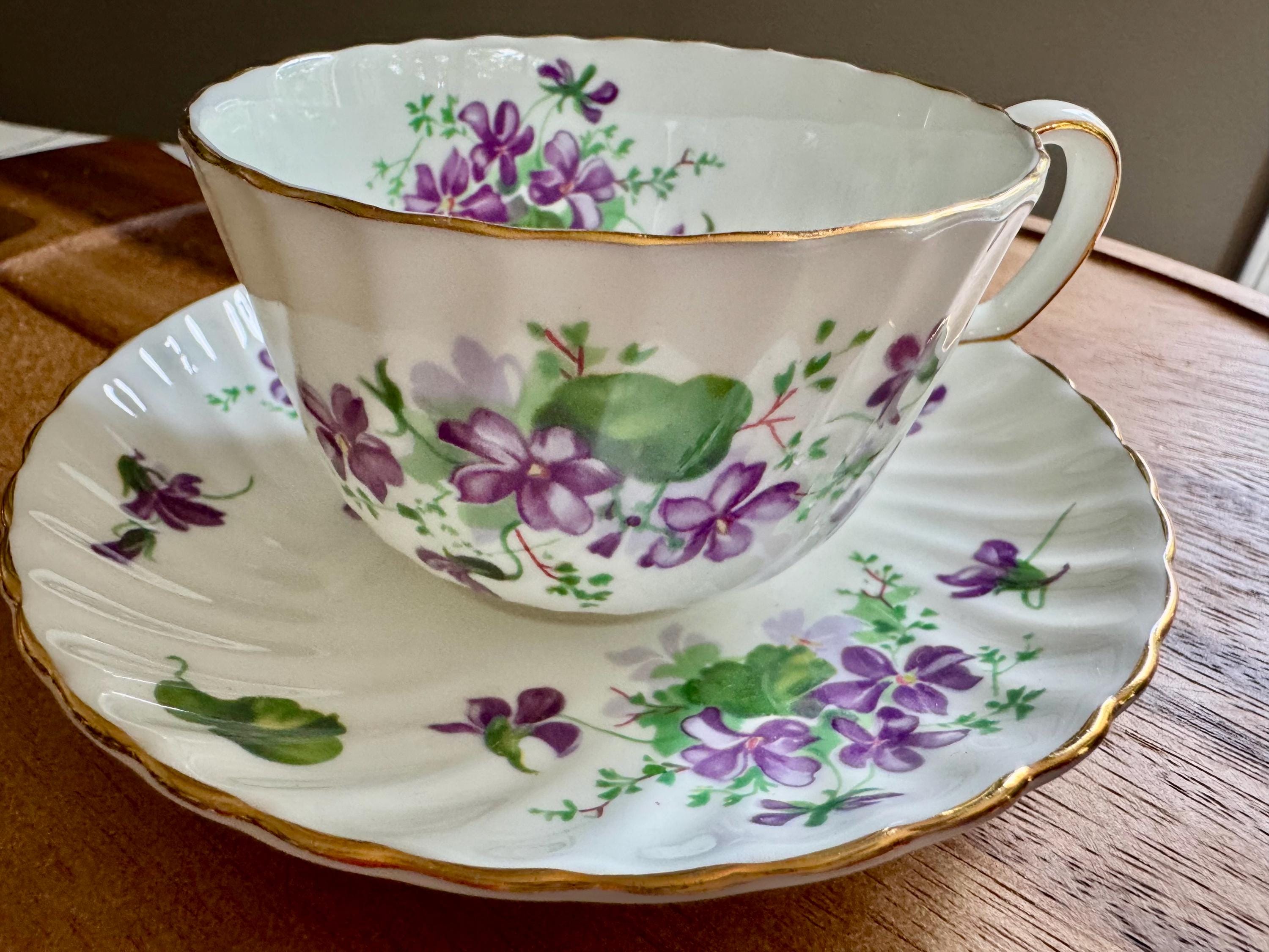 Vintage Adderley Teacup & Saucer – Forget Me Nots or Purple Violets – England – Swirl Shape