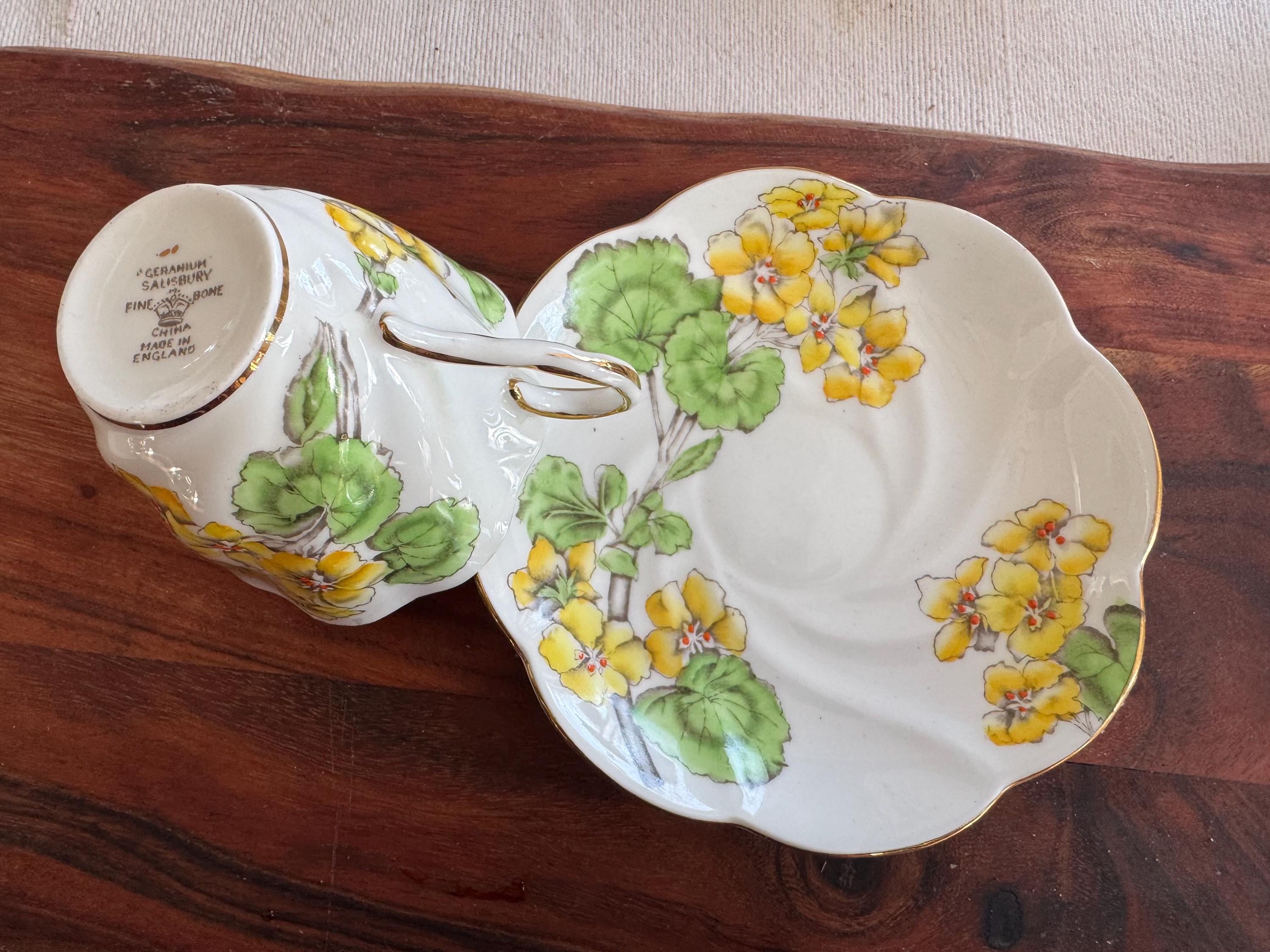 Vintage 1930s Salisbury Bone China Teacup & Saucer - “Geranium” Pattern - Yellow Floral Elegance