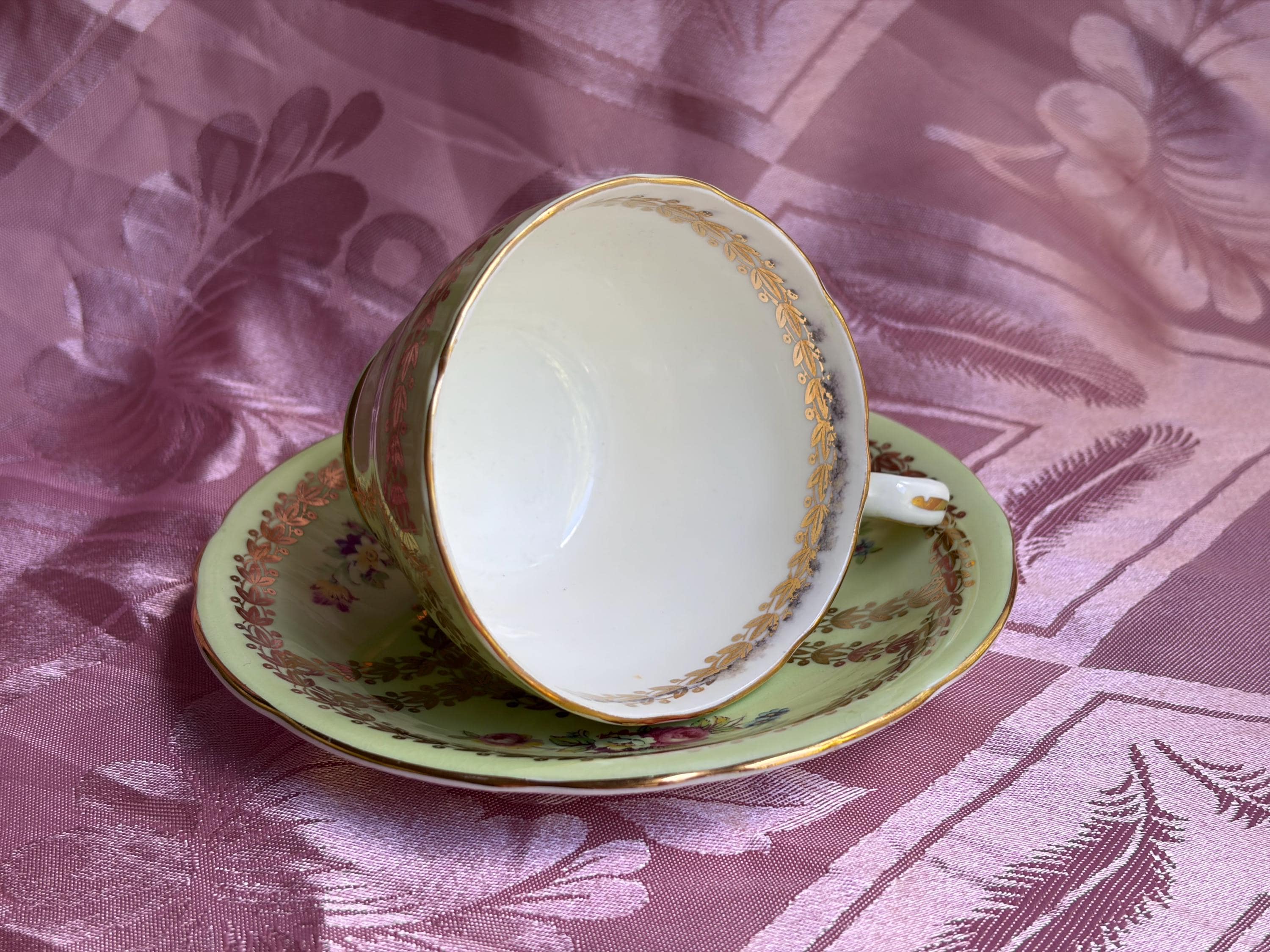 Vintage Aynsley Bone China Teacup & Saucer — Yellow or Green Gold Laurel, Floral Decor