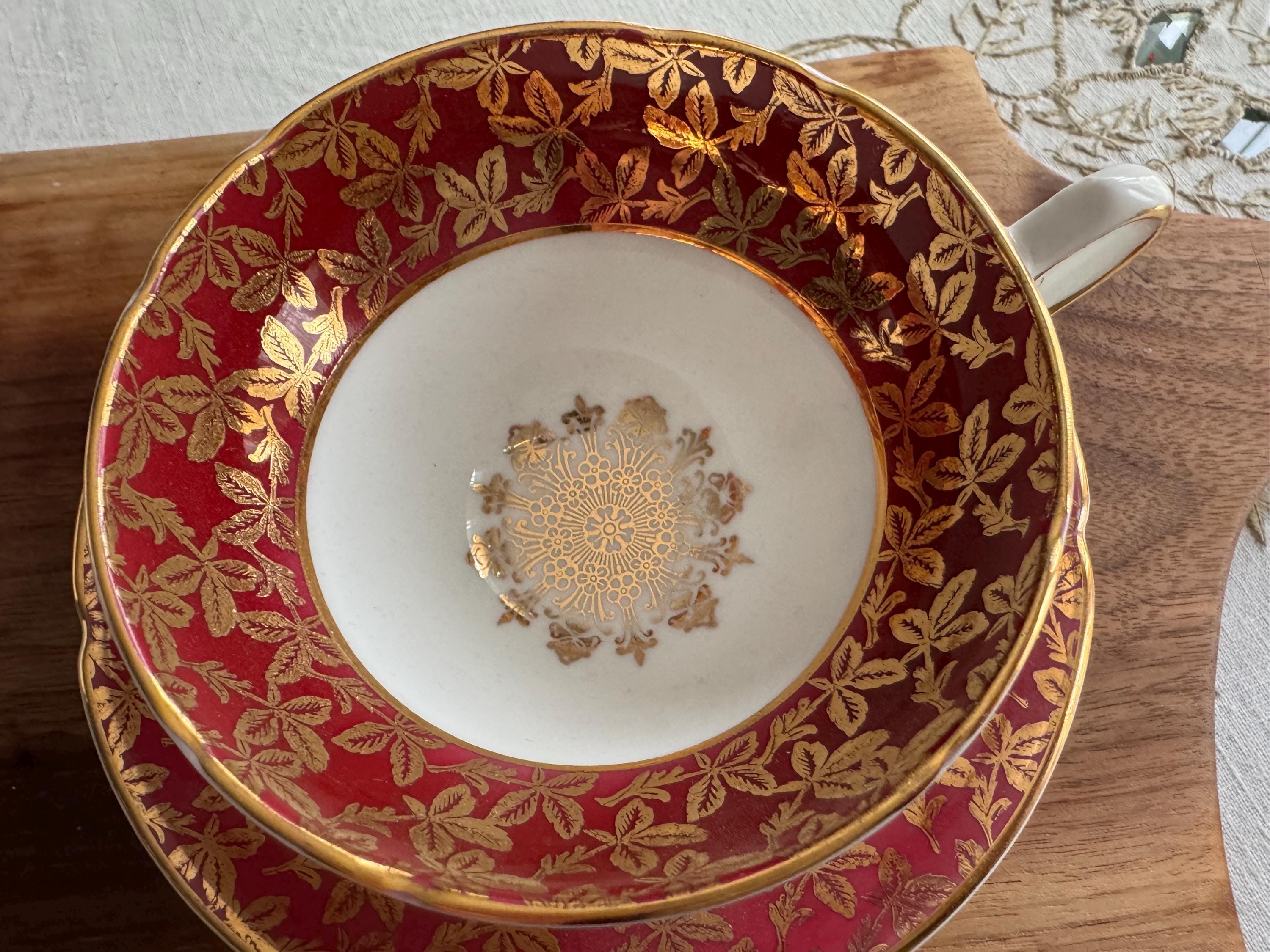 Vintage Staffordshire Stanley Teacup & Saucer – Ruby Red Gold Gilt – Made in England