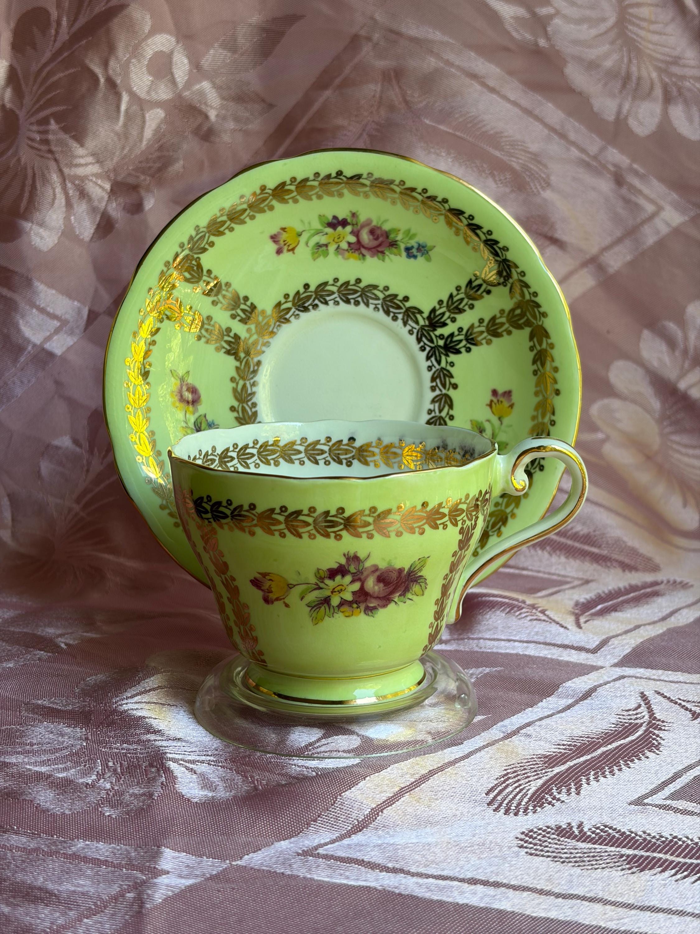 Vintage Aynsley Bone China Teacup & Saucer — Yellow or Green Gold Laurel, Floral Decor