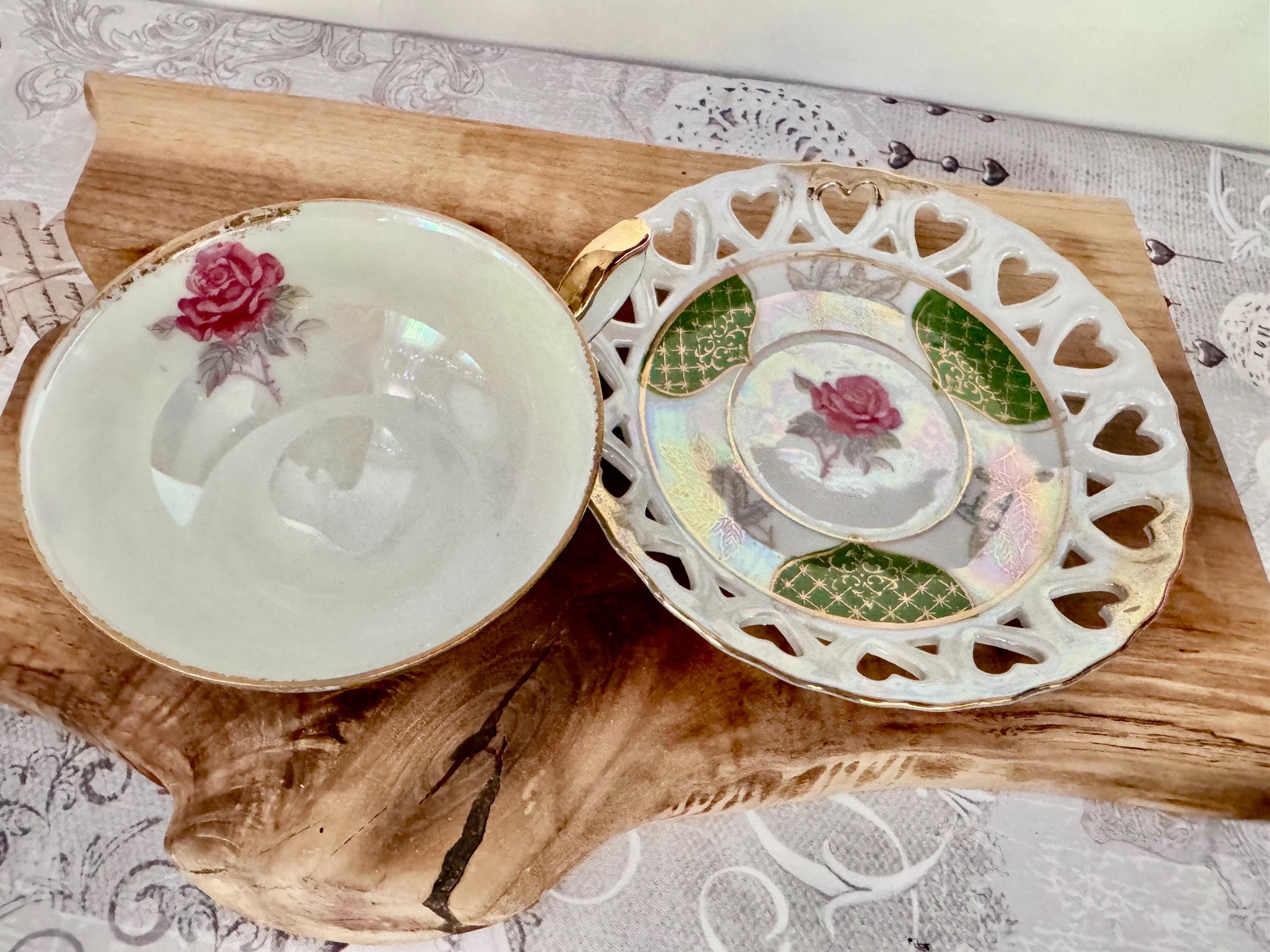 Vintage Lusterware Teacup & Saucer: Gold Overlay Pink Rose - Japan