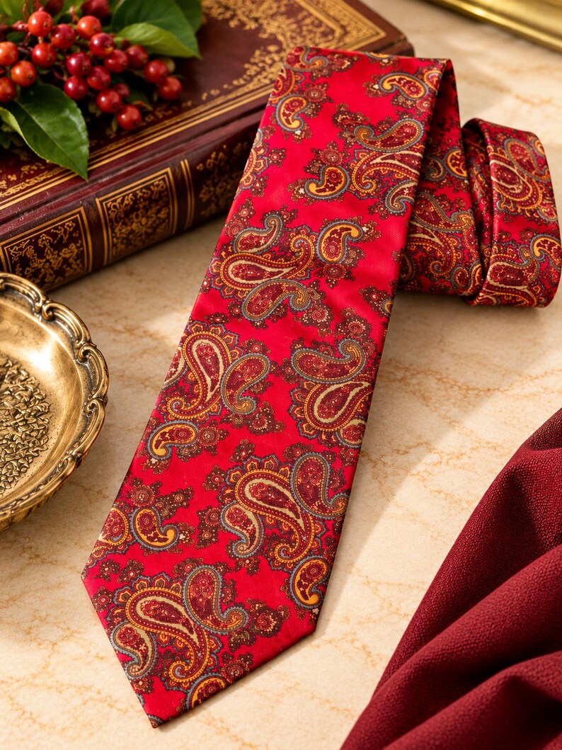May include: A vibrant red necktie featuring an intricate, multi-colored paisley pattern in shades of gold, dark brown, and muted blue. The tie has a pointed tip and a smooth, satin-like finish, displaying a repeating teardrop-shaped motif throughout.