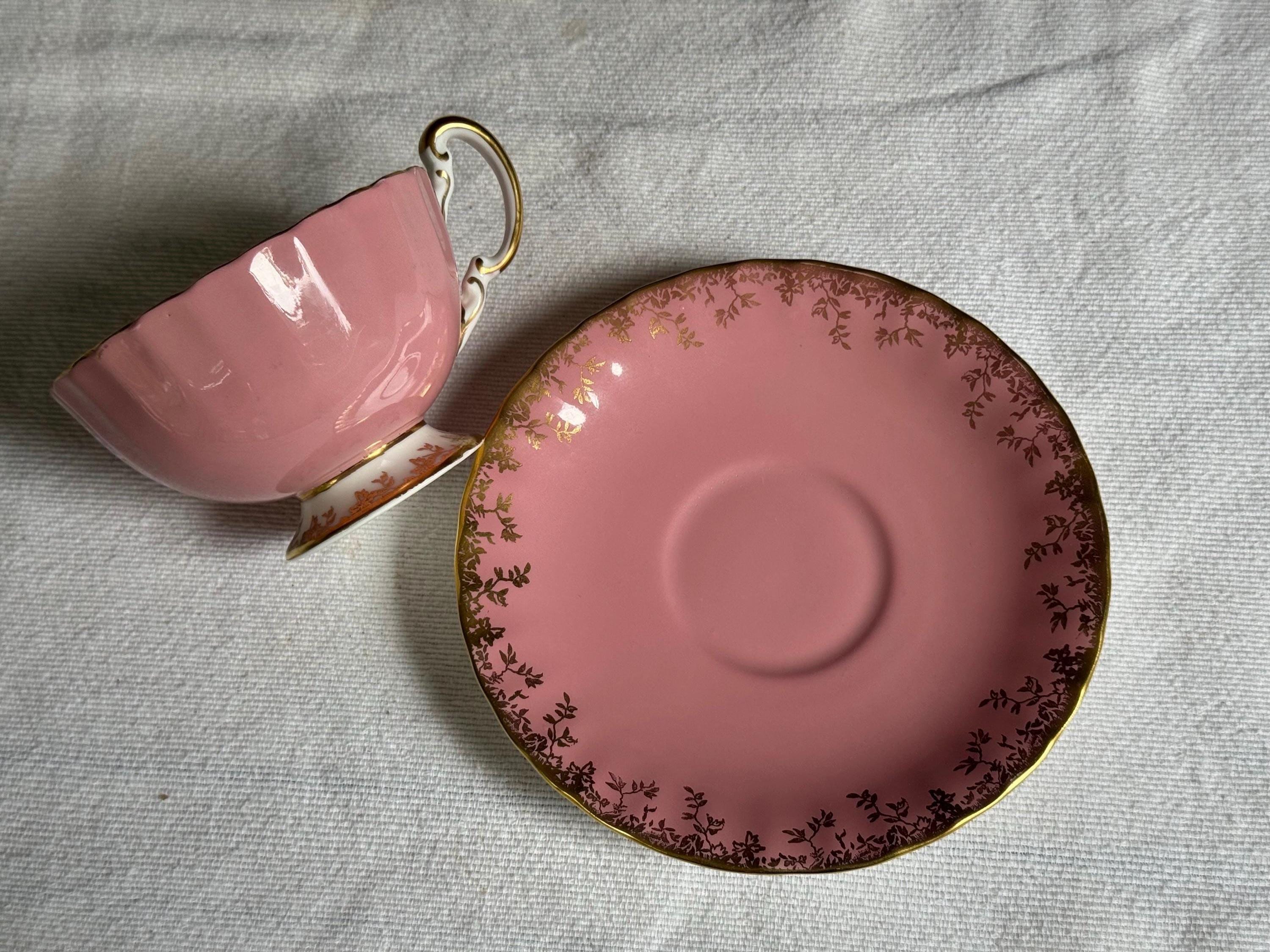 Aynsley Bone China Teacup & Saucer – (2273 Pink with Gold Vine Garland) – Made in England