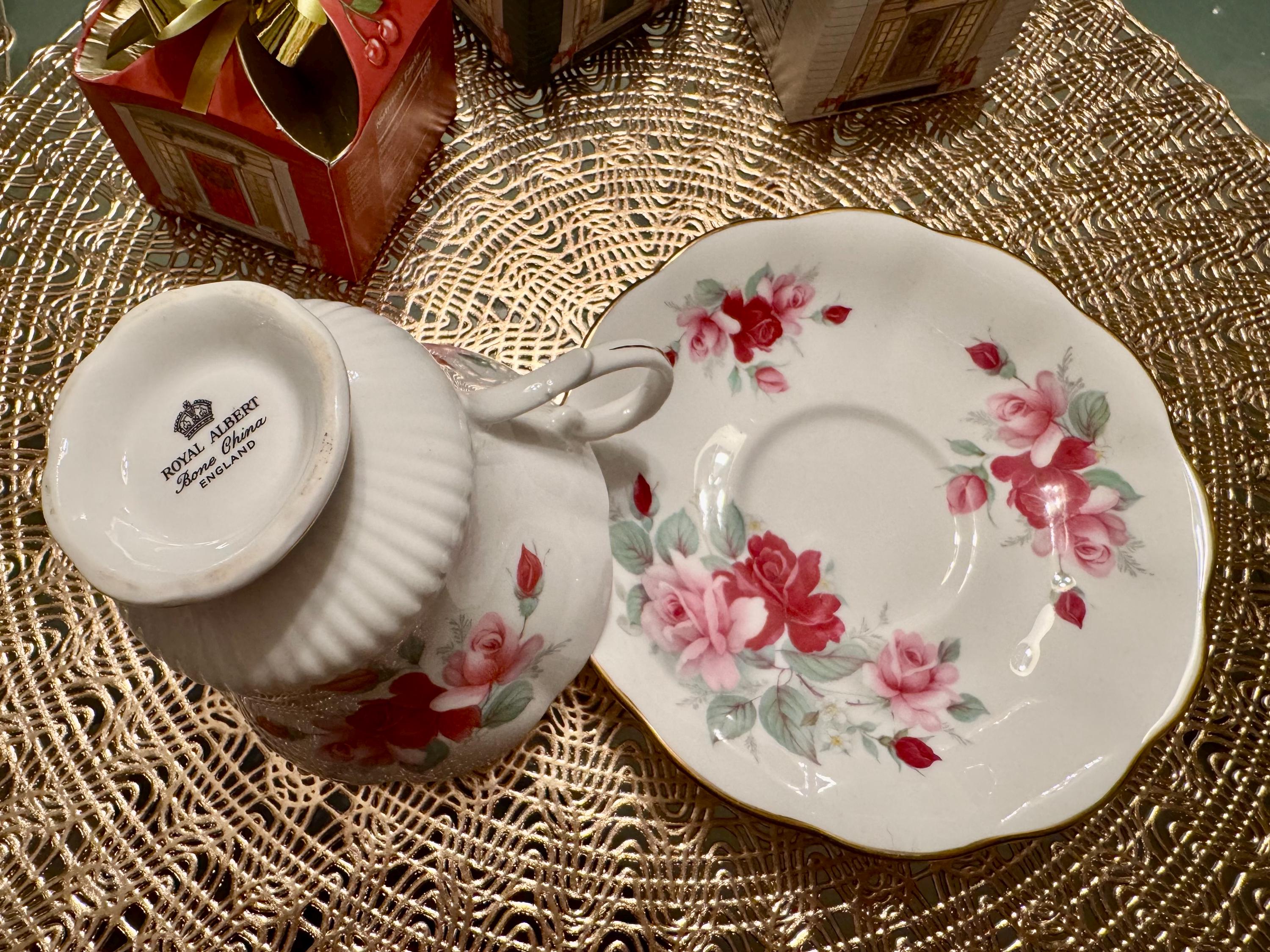 Vintage Royal Albert Corset-Shaped Tea Cup and Saucer Set - Pink and Red Roses
