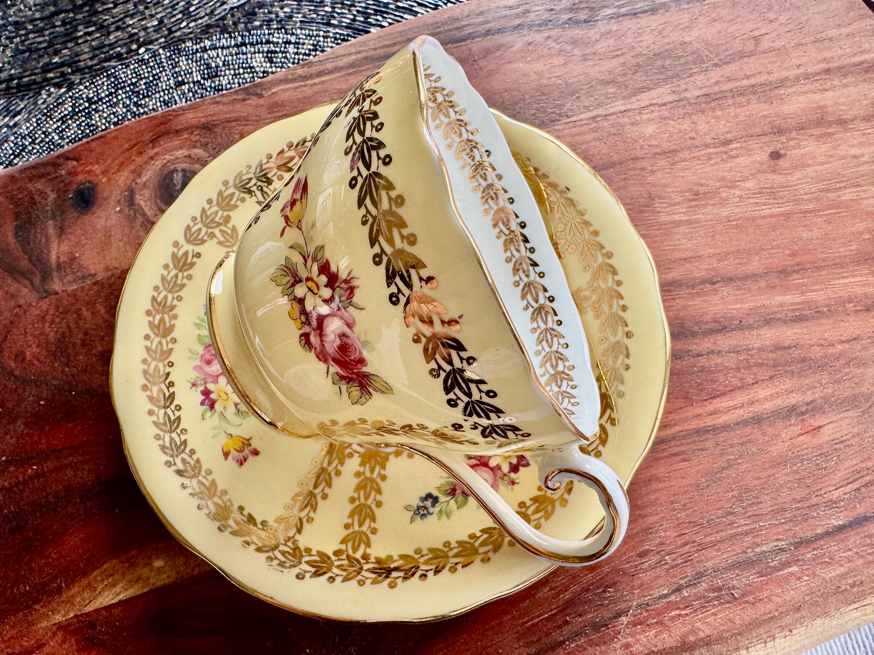 Vintage Aynsley Bone China Teacup & Saucer — Yellow or Green Gold Laurel, Floral Decor