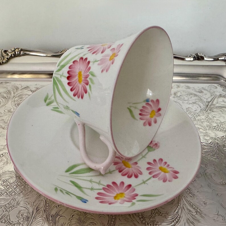 May include: White teacup and saucer set with a pink floral daisy pattern. The teacup has a pink handle and rim, and the saucer has a matching pink rim. Green leaves and yellow centers complete the daisy design.