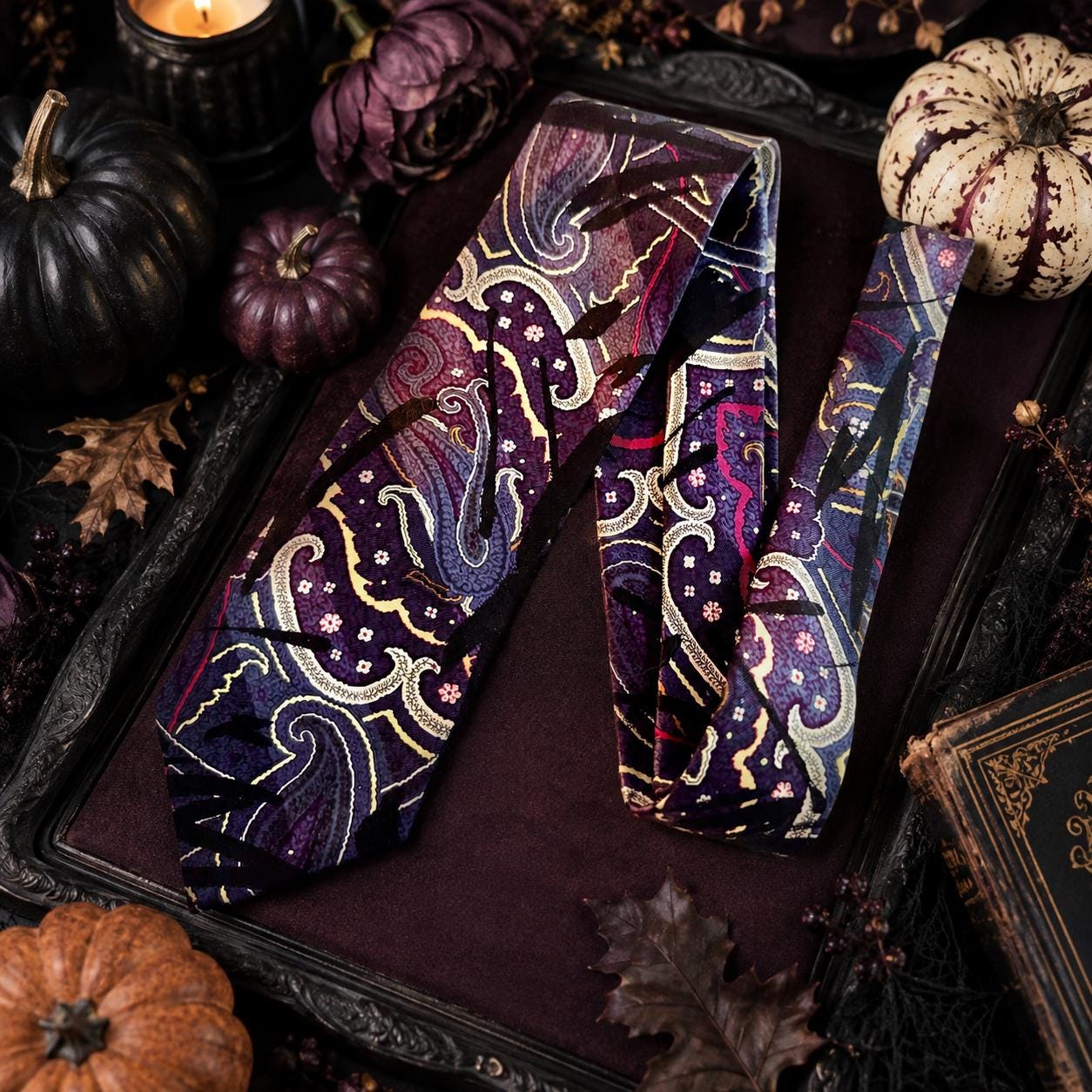 Vintage T.H. Ross 100% Silk Abstract Paisley Tie – Hand Made in Italy – Purple Black Necktie