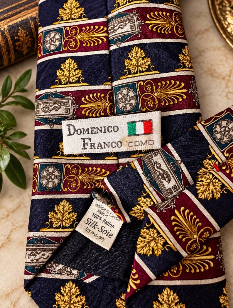 May include: A navy blue silk necktie featuring a repeating pattern of gold leaves, burgundy stripes, and rectangular motifs with floral designs. A white label reads Domenico Franco Como with an Italian flag icon and a tag stating 100% Silk.