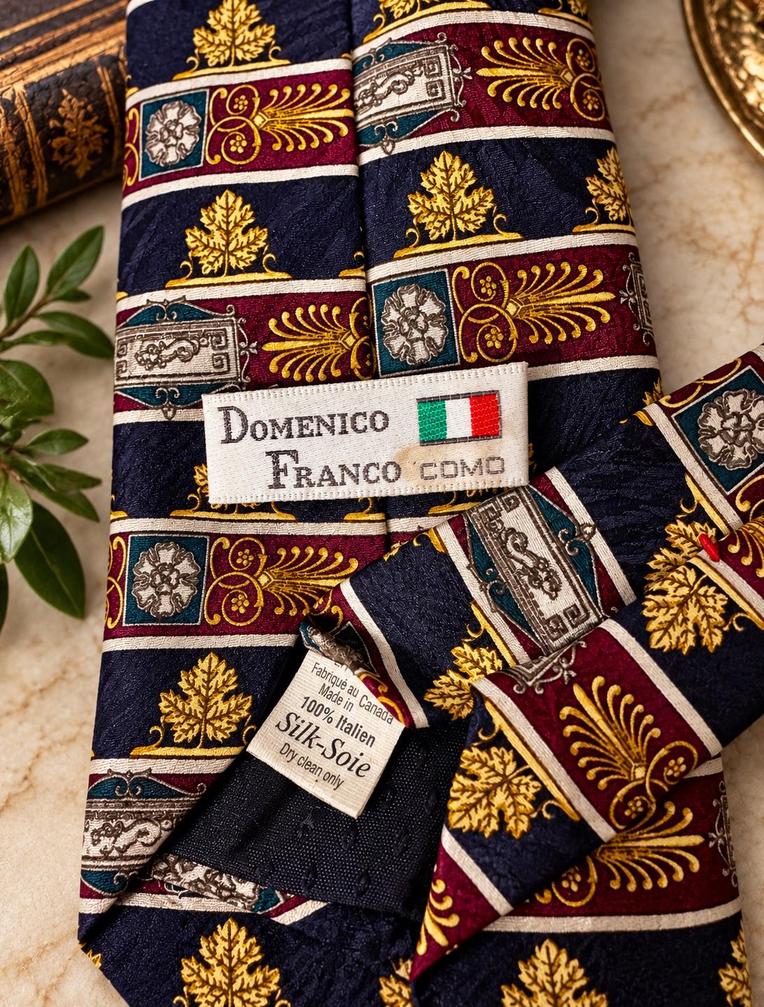 Vintage Domenico Franco Como 100% Italian Silk Tie, Made in Canada, Navy Burgundy Gold Baroque Necktie, Men’s Designer Tie