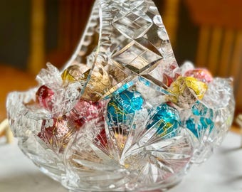 Vintage Hand-Cut Crystal Basket 8.5” | Sparkling Elegance | Scalloped Rim | Pinwheel Pattern