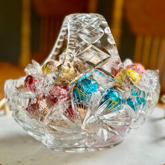 Vintage Hand-Cut Crystal Basket 8.5” | Sparkling Elegance | Scalloped Rim | Pinwheel Pattern