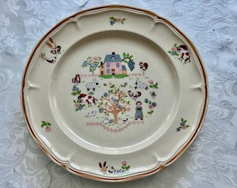 Vintage Japanese Stoneware Dinner Plate 10.5” — Farmhouse Pastoral Scene — Made in Japan