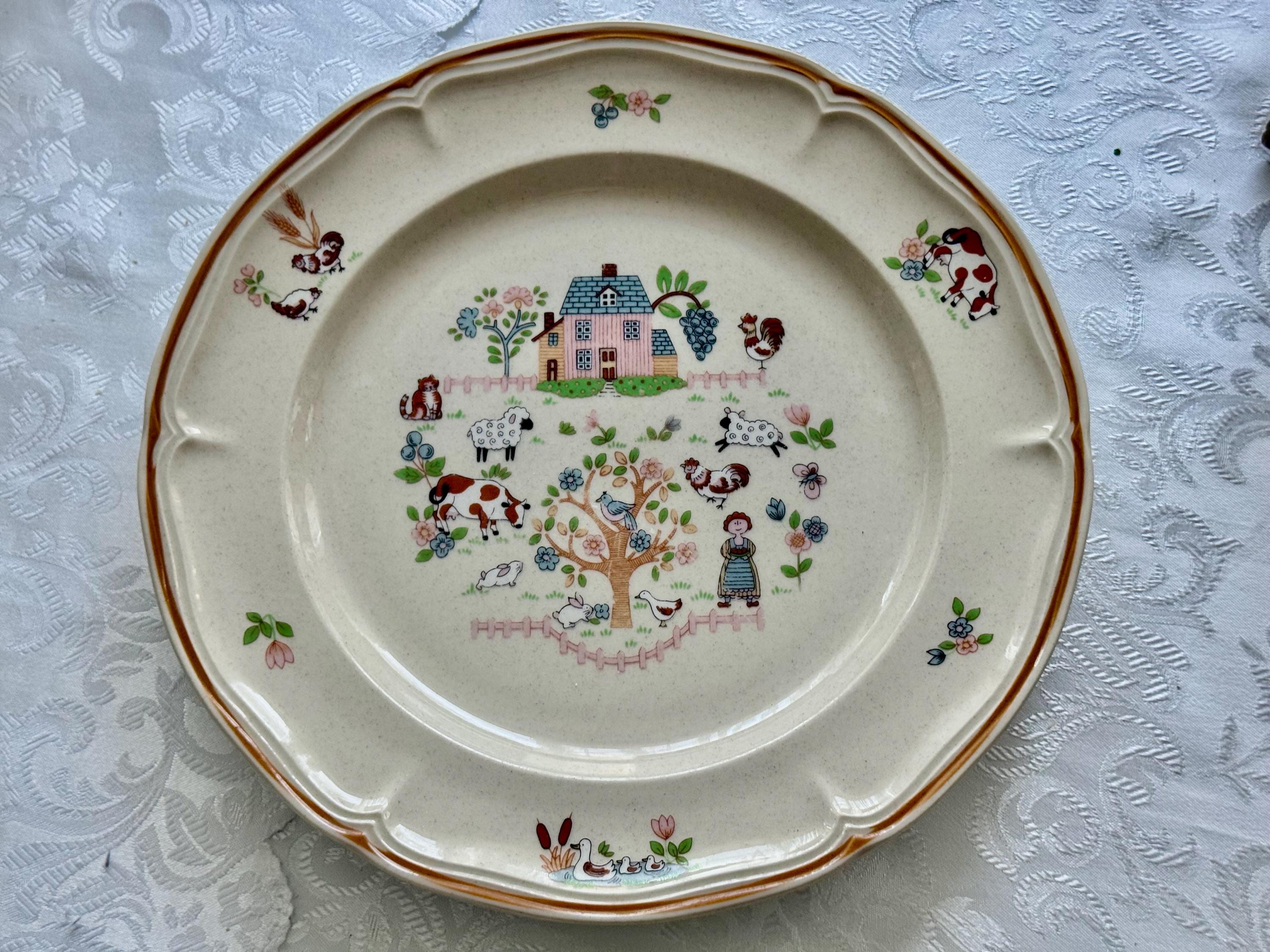 Vintage Japanese Stoneware Dinner Plate 10.5” — Farmhouse Pastoral Scene — Made in Japan
