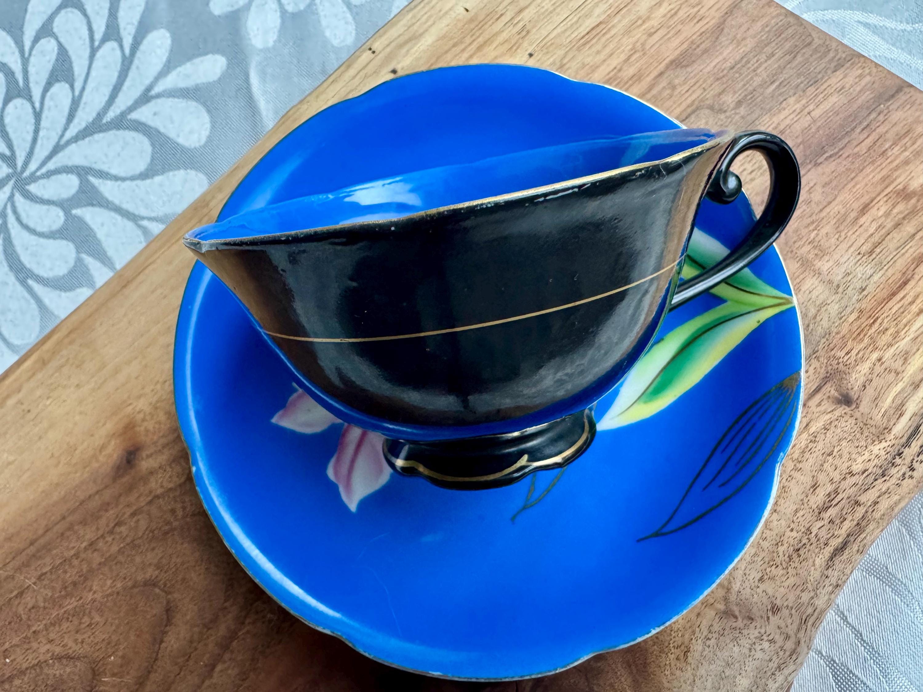 Vintage Princess China Japan Teacup & Saucer – Blue Interior, Black Exterior – Hand-Painted Floral