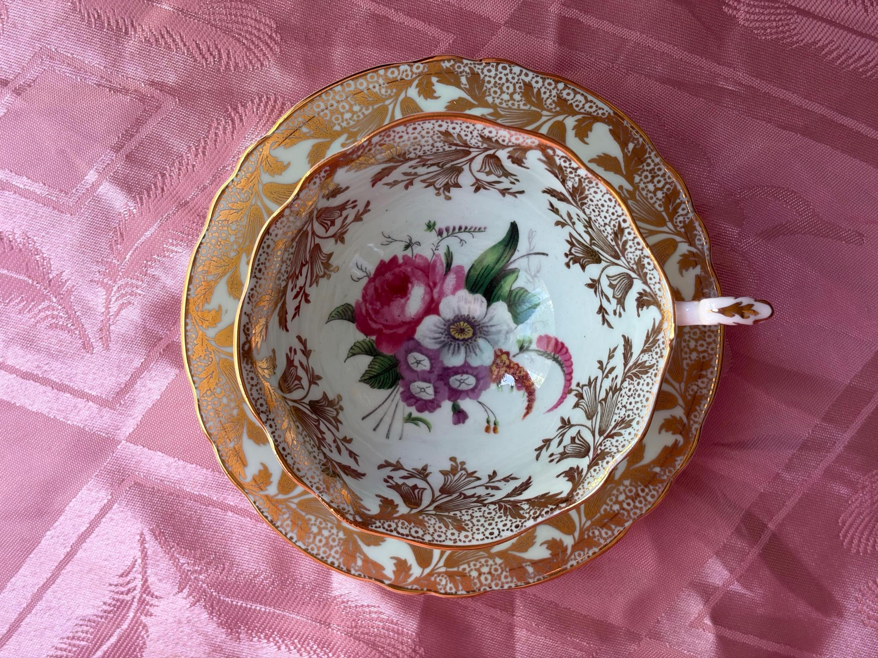 Vintage Paragon Fine Bone China Teacup & Saucer – Aqua Blue, Pink Floral Bouquet Gold Gilt
