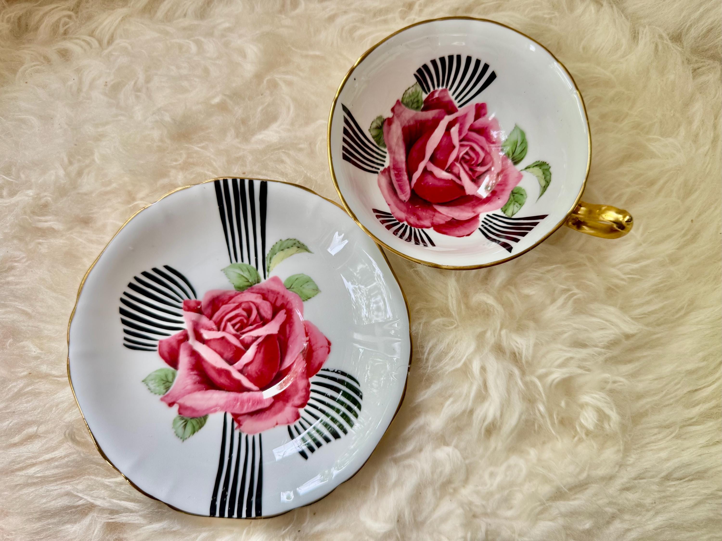Vintage Mayfair Bone China England Teacup & Saucer – Bold Pink Rose Black Ribbon Design