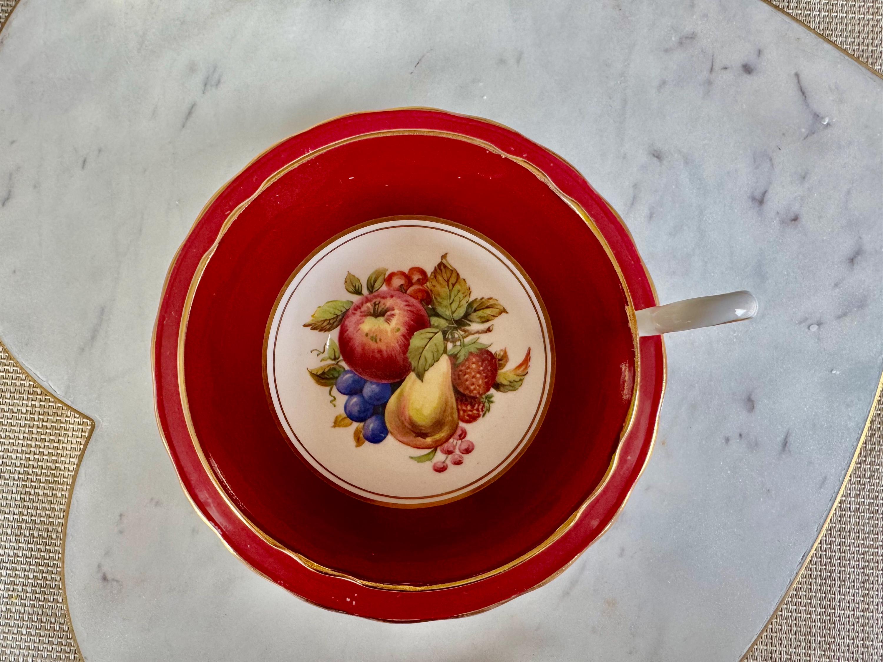 Vintage Windsor Bone China Cup & Saucer – Crimson Gold with Fruits – Made in England