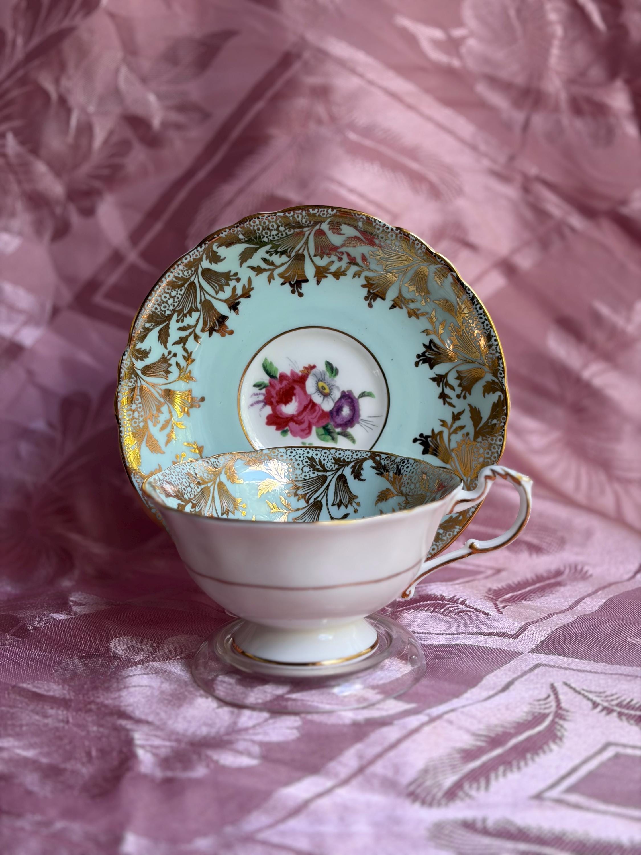 Vintage Paragon Fine Bone China Teacup & Saucer – Aqua Blue, Pink Floral Bouquet Gold Gilt