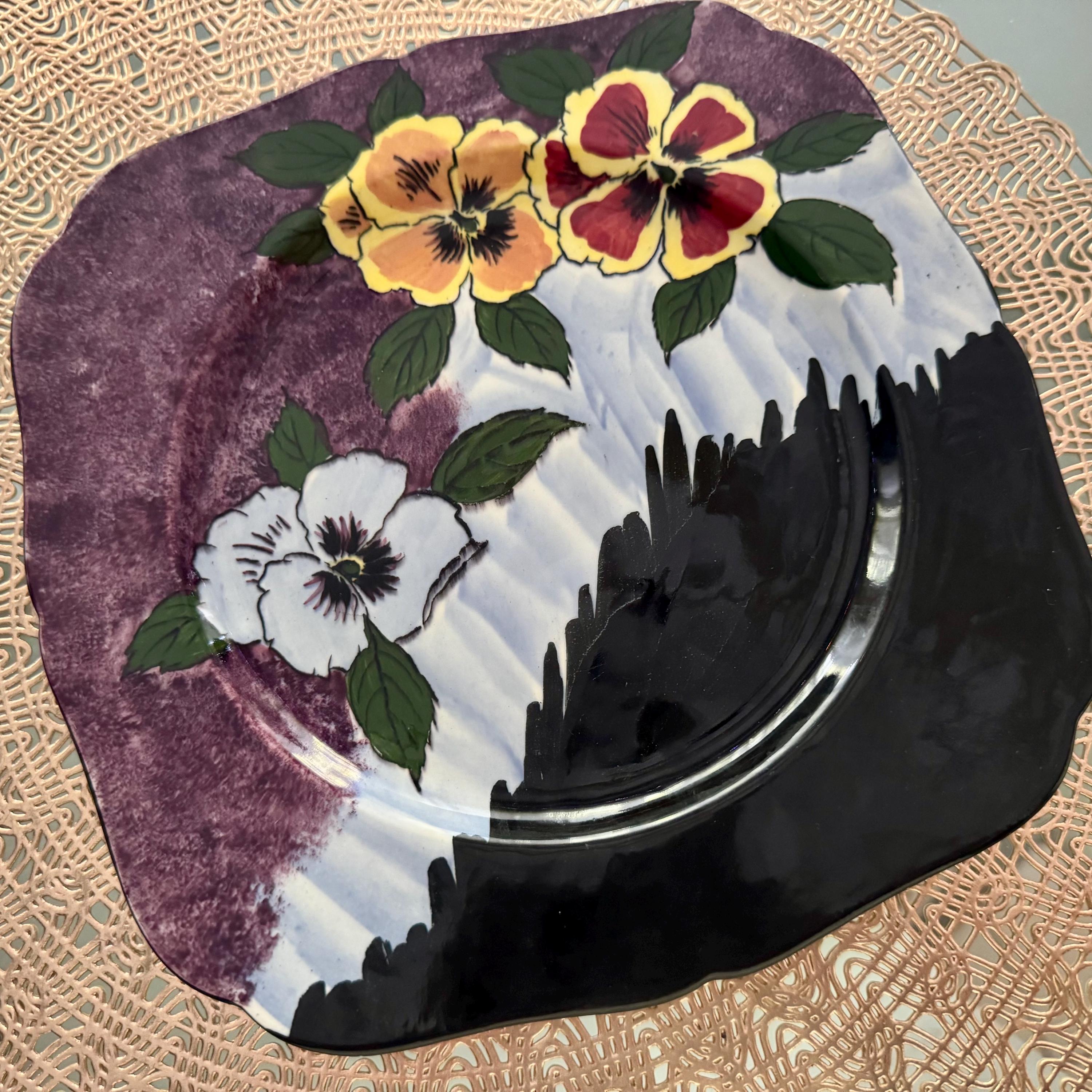 Vintage “Panola” Plate by HK Tunstall – 1930s–40s England – 8” – Maroon Floral Art Deco