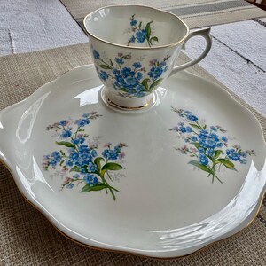 May include: A white porcelain teacup and saucer set with a floral design. The cup and saucer feature a delicate pattern of blue forget-me-not flowers on a white background.