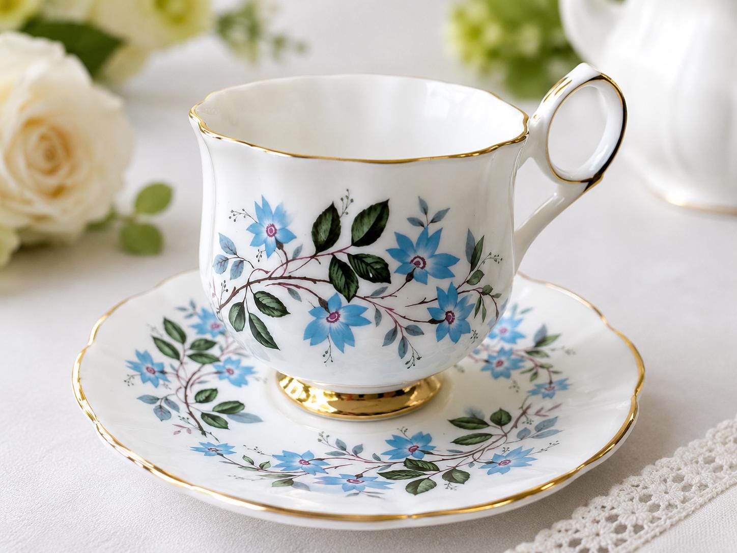 Vintage Stratford Bone China Teacup & Saucer Set – Blue Floral Pattern – Made in England