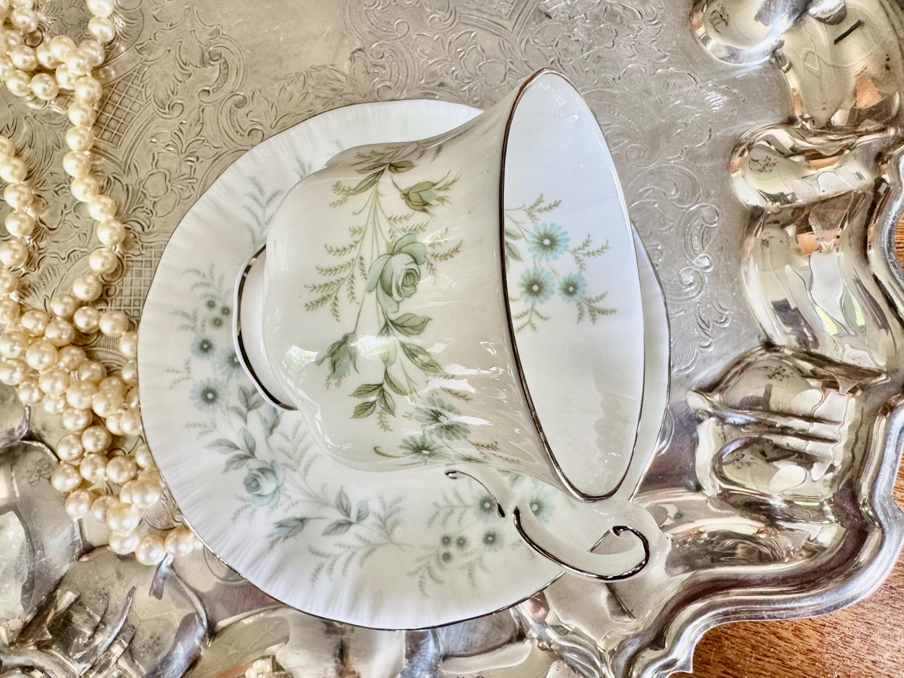 Vintage Paragon “Debutante” Teacup & Saucer Set – Pale Blue Florals Silver Rim