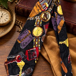 May include: A black necktie featuring a repeating pattern of various objects including yellow keys, gold pocket watches with Roman numerals, purple rectangular tags, red luggage tags with the letters RB, and gold rings on a dark background.