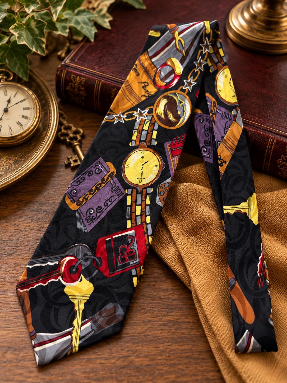 Vintage Fondini 100% Silk Novelty Tie — Watches Accessories Pattern — 1980s 1990s