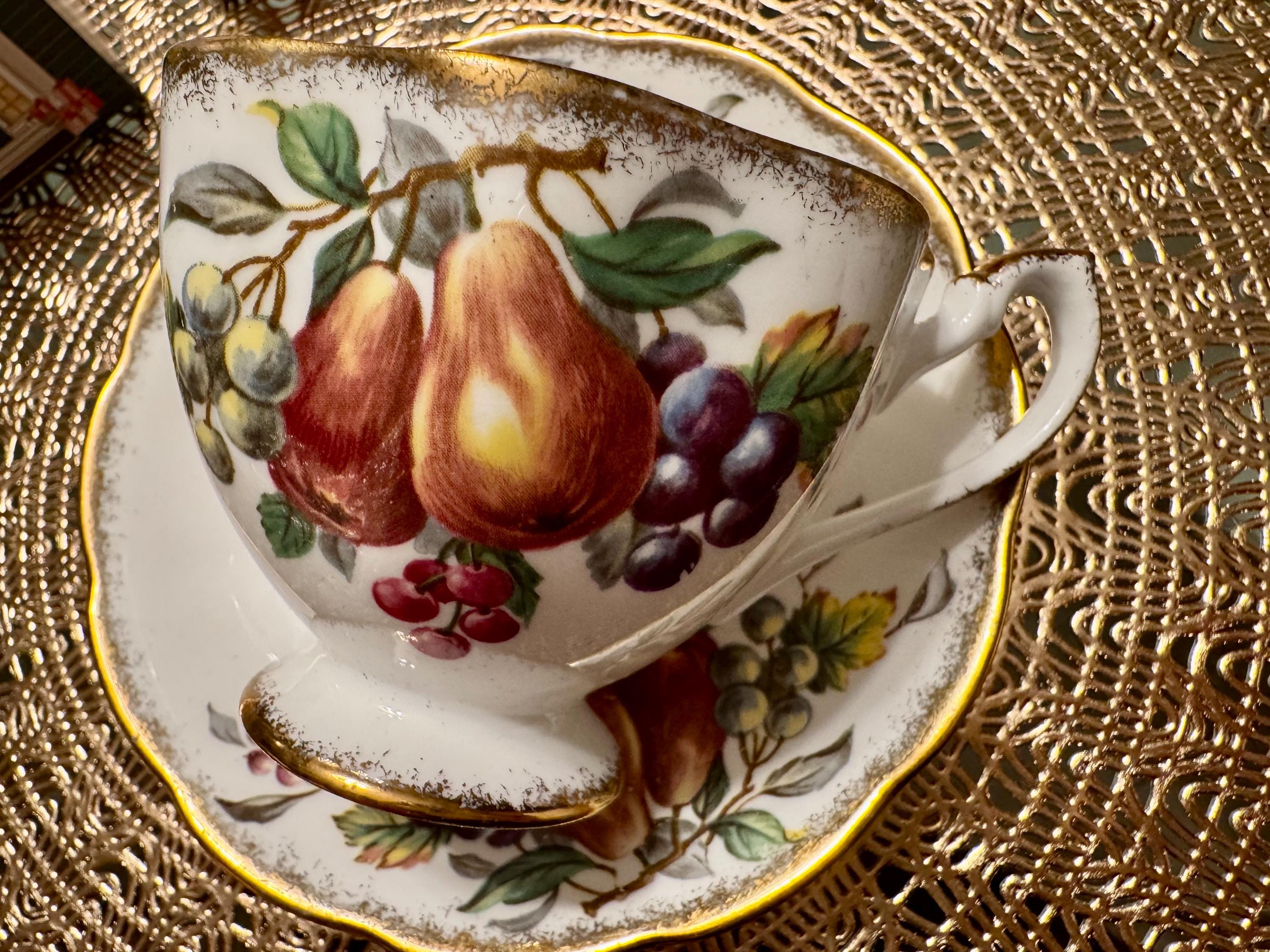 Vintage Queen Anne “Harvest Fruits” Teacup and Saucer Set - Elegant Fruit Design