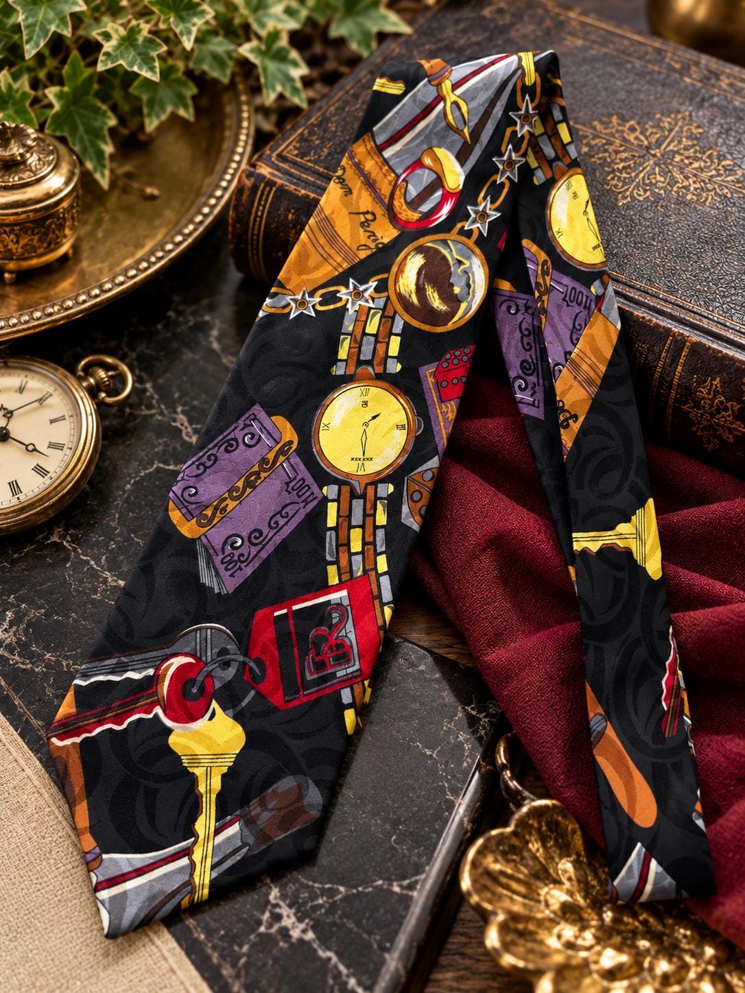 Vintage Fondini 100% Silk Novelty Tie — Watches Accessories Pattern — 1980s 1990s