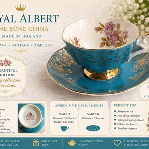 Może przedstawiać: Filiżanka do herbaty ze spodkiem Royal Albert z delikatnej porcelany kostnej w kolorze turkusowym ze złotym wzorem kwiatowym. Filiżanka ma średnicę 9,5 cm i wysokość 5,7 cm, a spodek 14 cm średnicy. Wnętrze zdobione jest motywem r&oacute;ż.