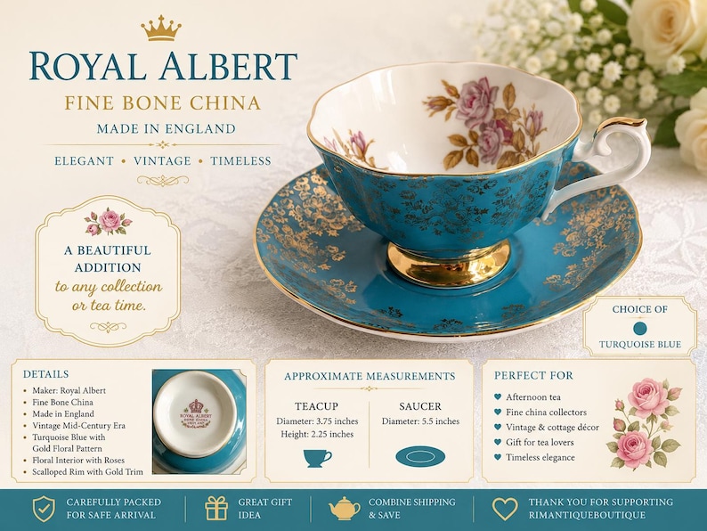 Może przedstawiać: Filiżanka do herbaty ze spodkiem Royal Albert z delikatnej porcelany kostnej w kolorze turkusowym ze złotym wzorem kwiatowym. Filiżanka ma średnicę 9,5 cm i wysokość 5,7 cm, a spodek 14 cm średnicy. Wnętrze zdobione jest motywem r&oacute;ż.