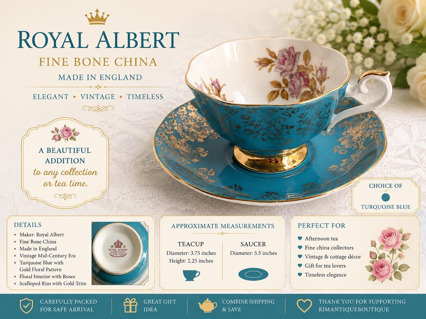 Royal Albert Turquoise Gold Bone China Teacup Saucer – Rose Floral England