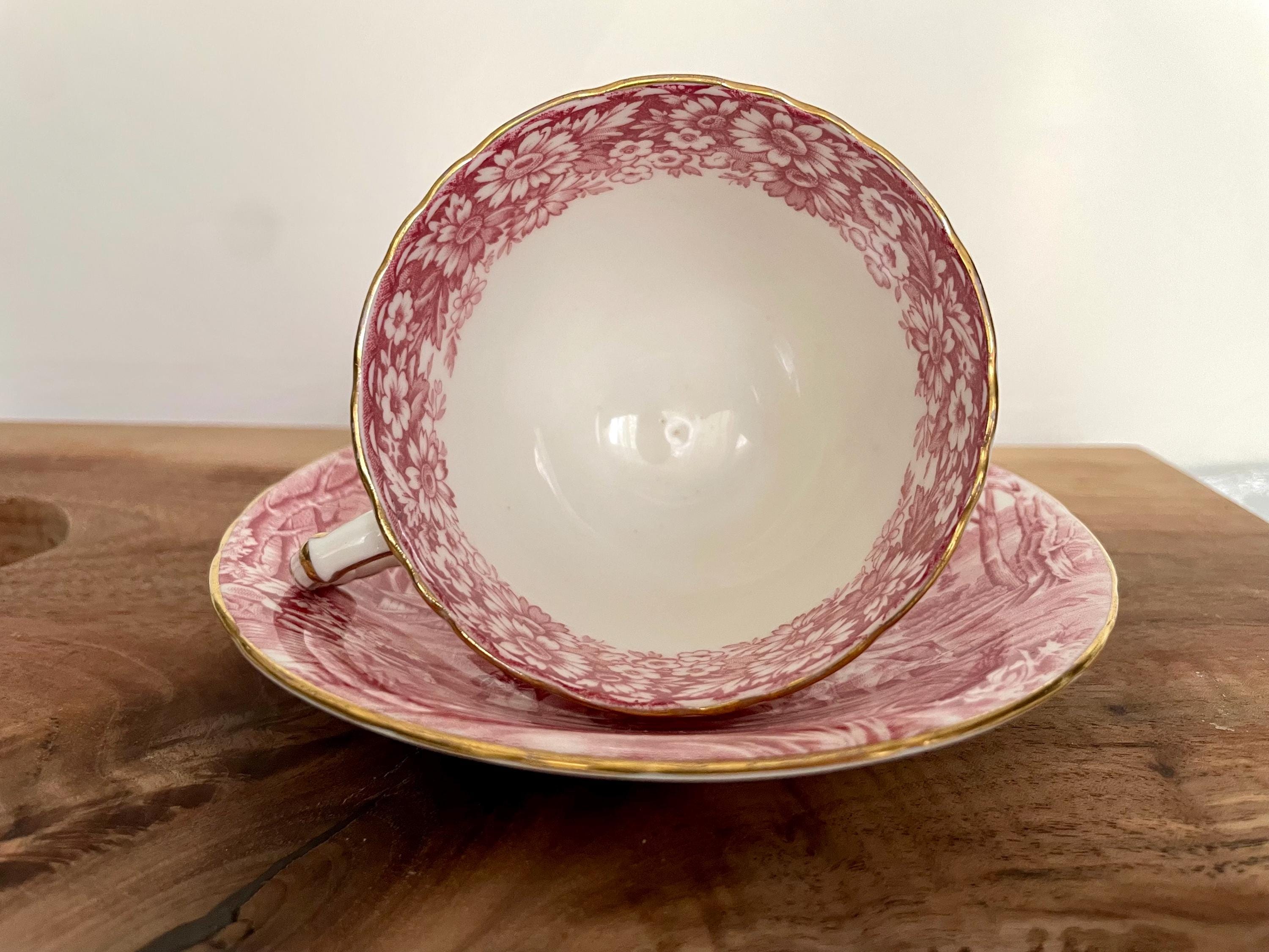 Vintage H & M Sutherland “Rural Scenes” Teacup with Saucer – Red Transferware – Made in England