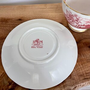 Pu&ograve; includere: Piattino in ceramica bianca con un motivo floreale rosso e la scritta "Rural Scenes". &Egrave; visibile una tazza da t&egrave; abbinata con un motivo floreale rosso e bordatura dorata. La tazza e il piattino sono su una superficie di legno.