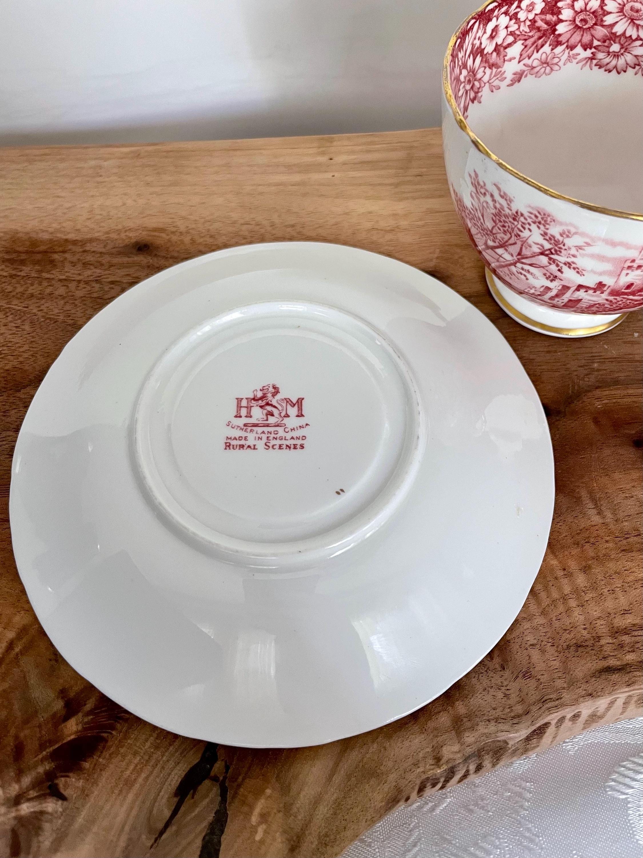 Vintage H & M Sutherland “Rural Scenes” Teacup with Saucer – Red Transferware – Made in England